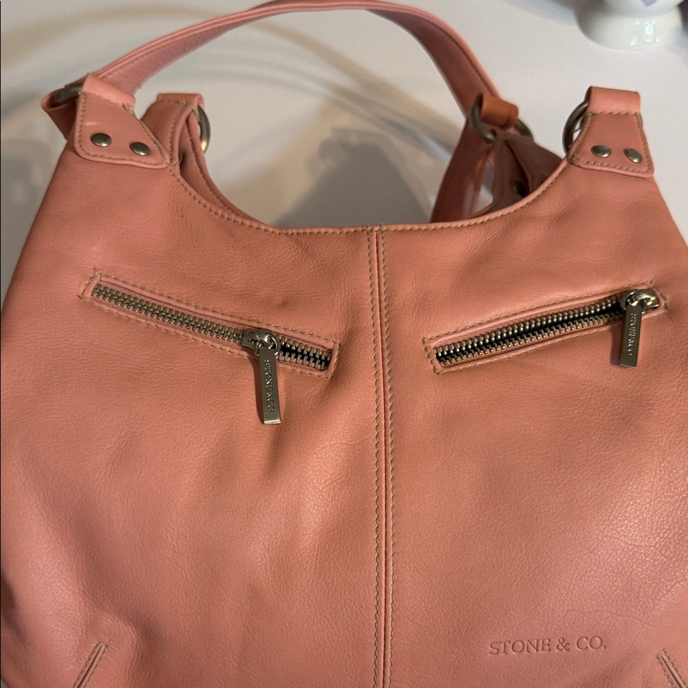 Stone & Co. Dusty Pink Leather Shoulder Bag with Dual Zip Pockets
